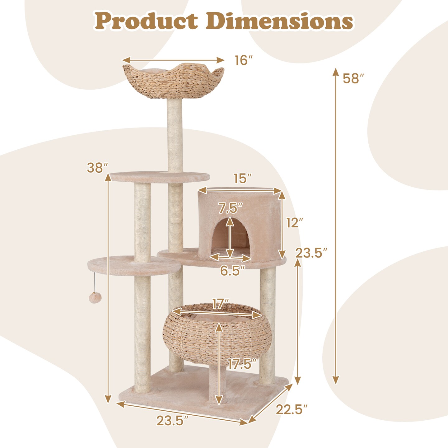 Beige Cattail Cat Tower with 7 Full-Wrapped Scratching Posts and Soft Padded Cushions