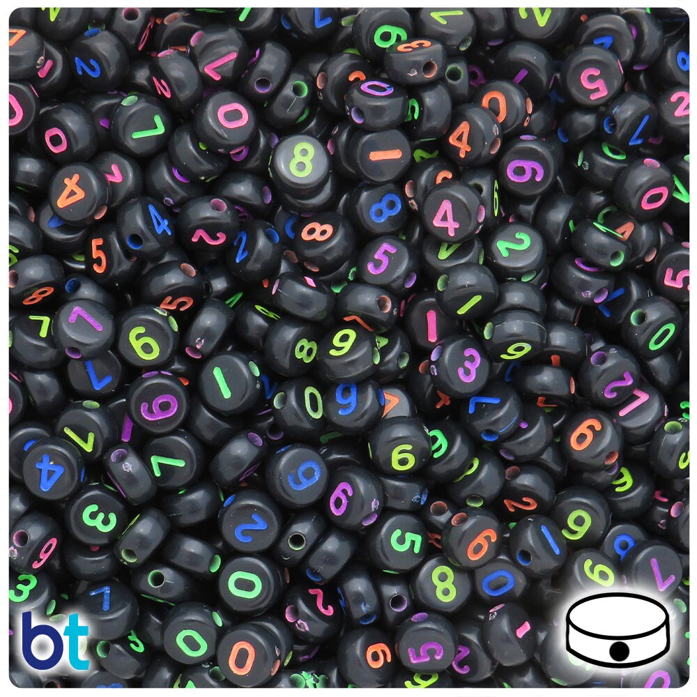 BeadTin Black Opaque 7mm Coin Plastic Alpha Beads - Colored Number Mix (250pcs)