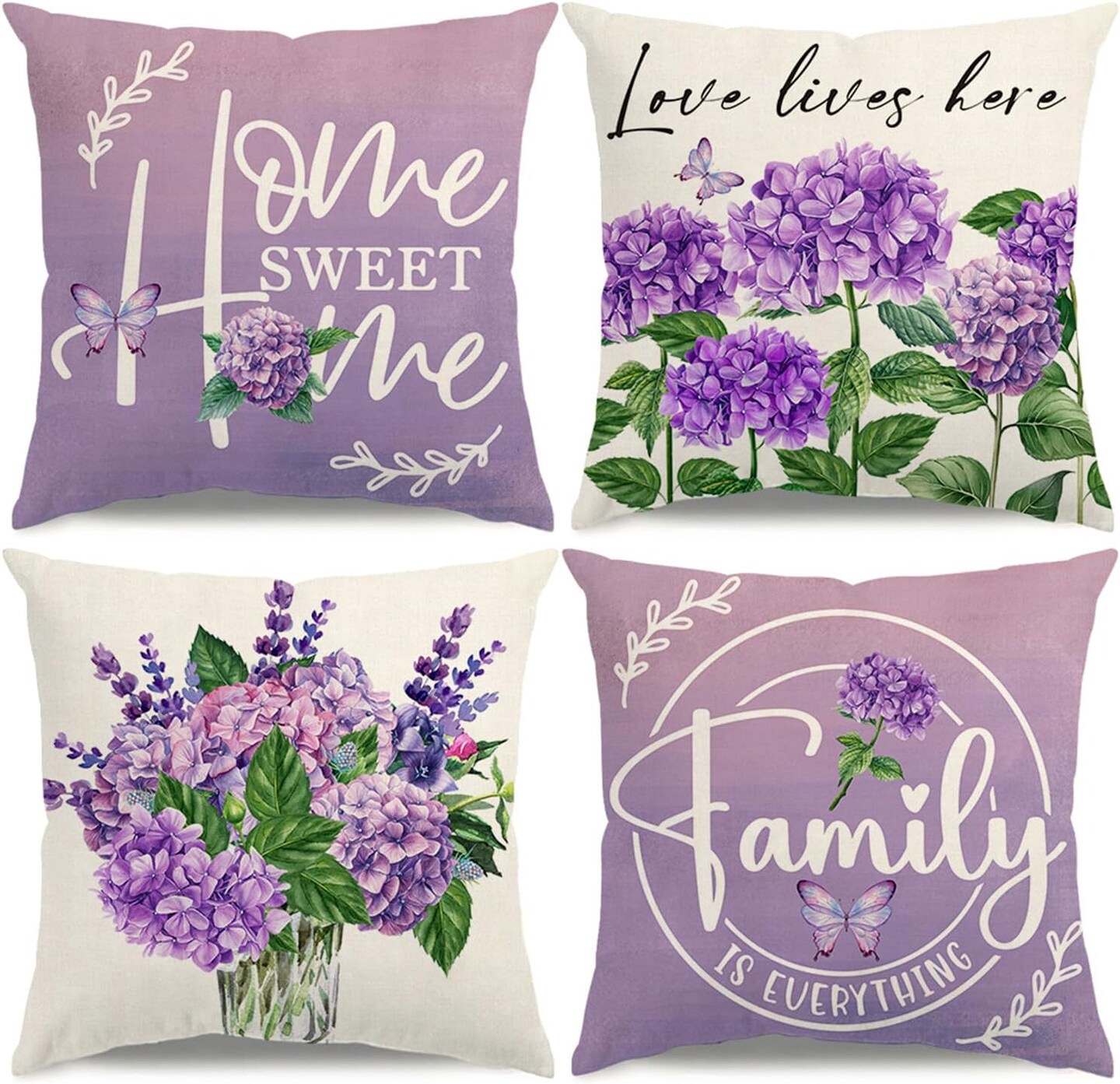 Spring Pillow Covers 18x18 Purple Spring Summer Farmhouse Decorations Hydrangea Vases Butterfly Throw Pillow Covers Home Sweet Home Cushion Case for Sofa Couch Set of 4