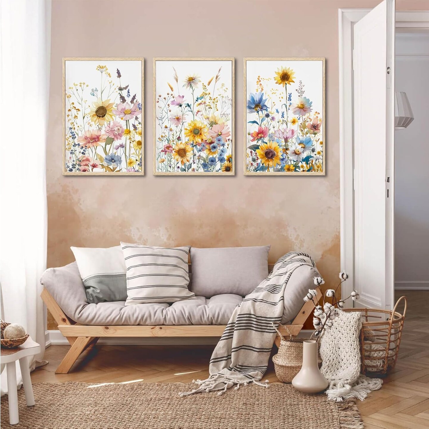 3pcs Summer Colorfully Sunflowers Canvas Wall Art Watercolor Wildflowers Poster Prints Botanical Flowers Wall Decor Pictures for Living Room Bedroom Girl Room Paintings Artwork Decoration Unframed