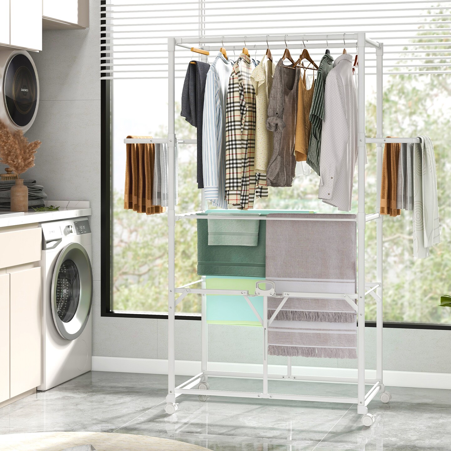 White Foldable Aluminum Drying Shelves Rack with Hanging Rods and Lockable Wheels