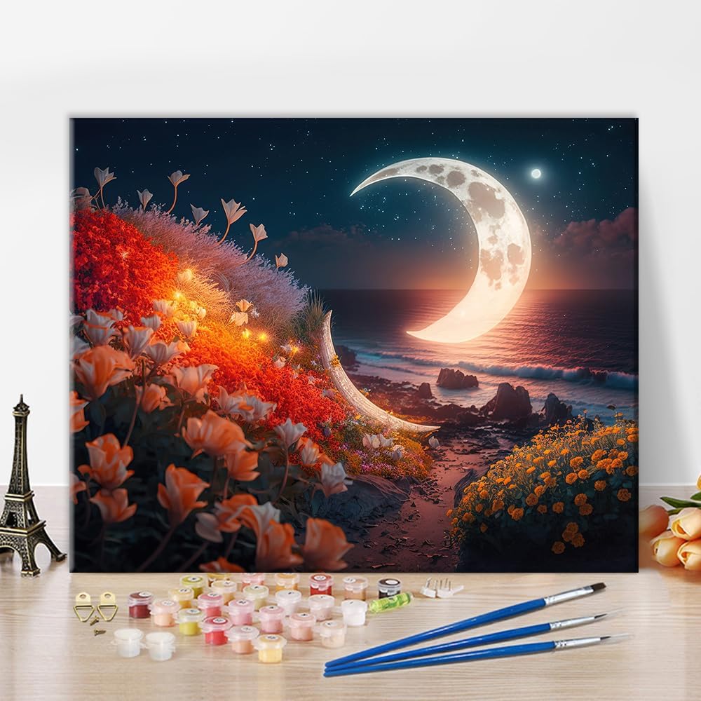 Moon Paint by Numbers, Moon and Flowers on The Beach at Night Paint by Number for Adult, Flowers Paint by Number Kits on Canvas for Home Wall Decoration, 16&#x22;x20&#x22;