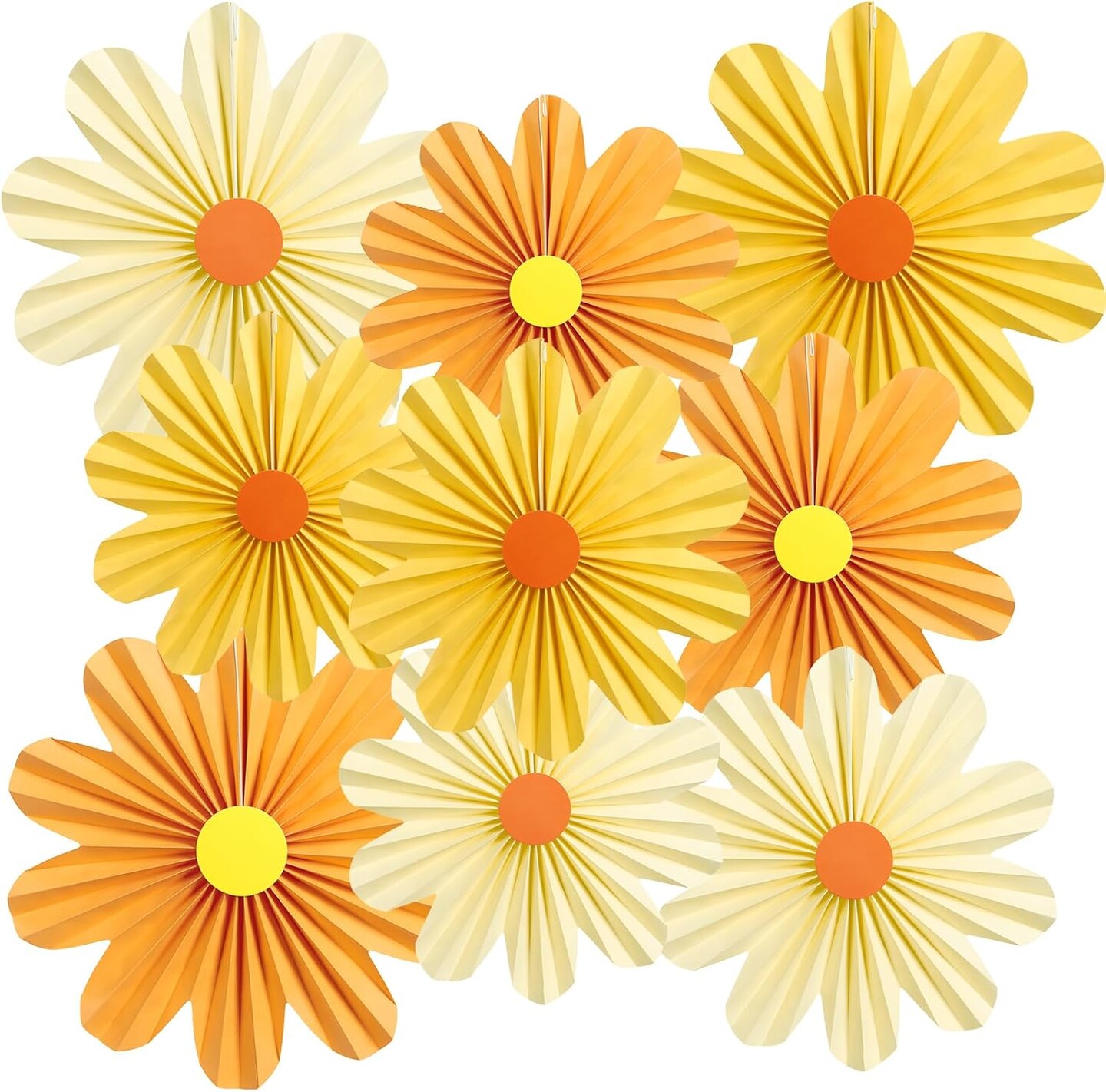 9 PCS Orange Paper Flowers Decorations for Wall Paper Fans Daisy Decoration Paper Floral Backdrop Decor Paper Fans Decoration