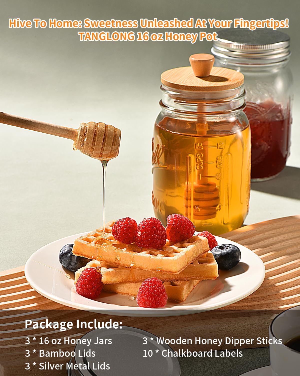 Honey Jar with Dipper and Lid, 16oz Honey Pot Set of 3, Mason Jar Honey Dipper Lid, Honey Container with Dipper, Storage Jars with Lids