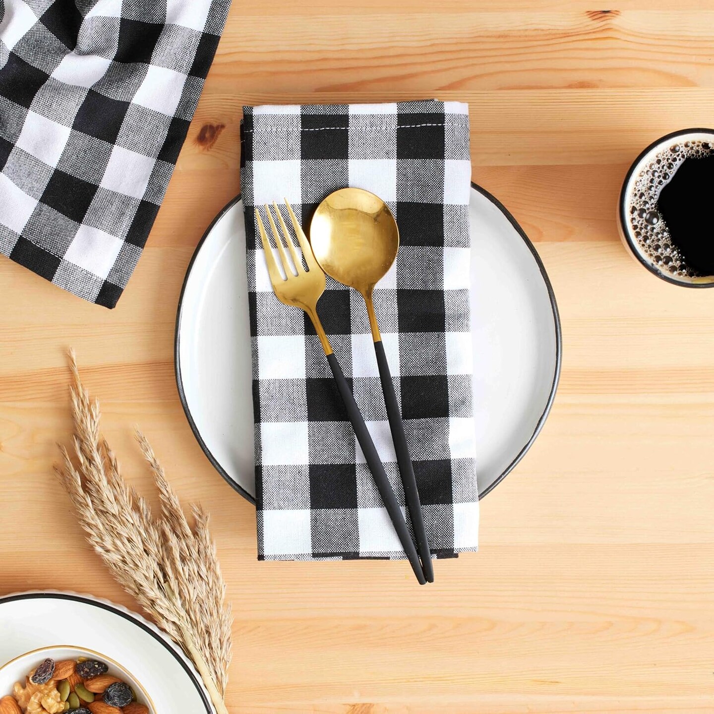 12 Pack Dinner Napkins, 18x18 Inches, Buffalo Plaid Gingham Check Cloth Napkins with Mitered Corners, 100% Cotton Hotel Quality Reusable, Washable (Black/White)