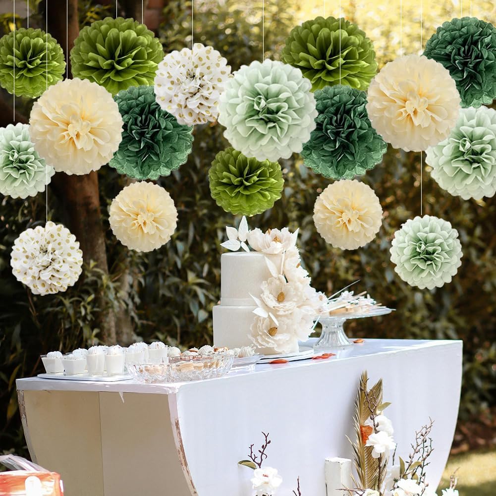 Olive Sage Green Tissue Paper Pom Poms Decor Sage Green Baby Shower Decorations for Bridal Shower Wedding Neutral Wild Safari Jungle Woodland Birthday Party Decor