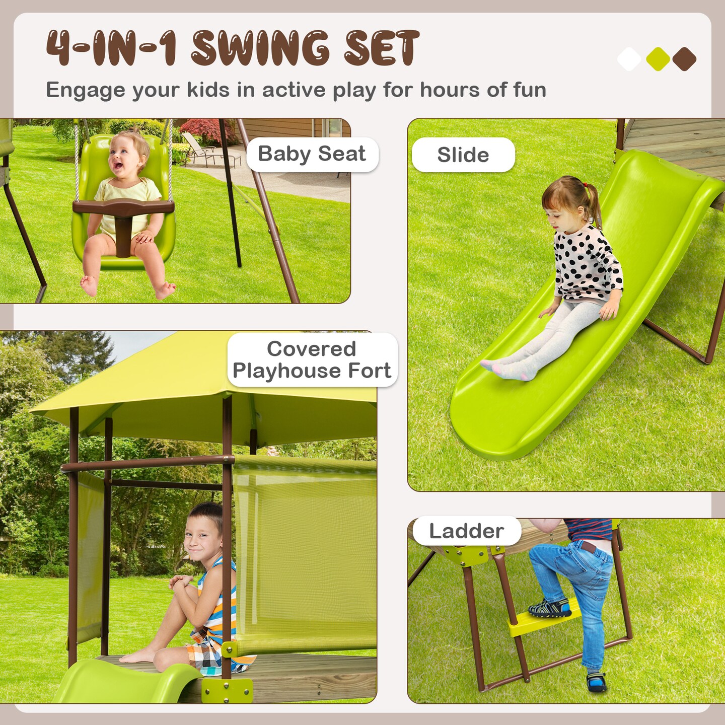 Green 4-in-1 Kids Swing Set with Slide, Adjustable Seat, Playhouse and Canopy