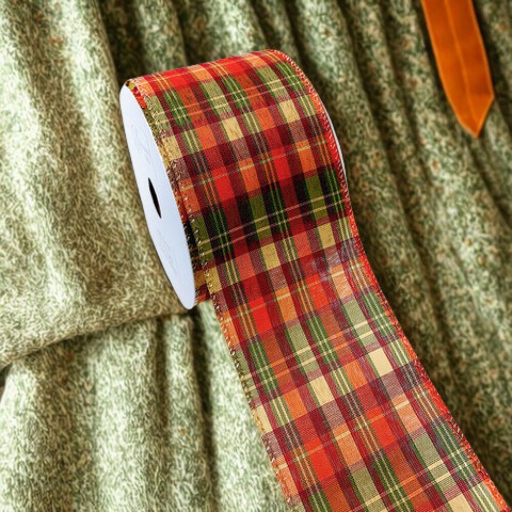 WR 63-5107 2.5&#x201D; x 10 yard Fall Festival Autumn Gingham Orange / Green / Cream Plaid wired edge ribbons