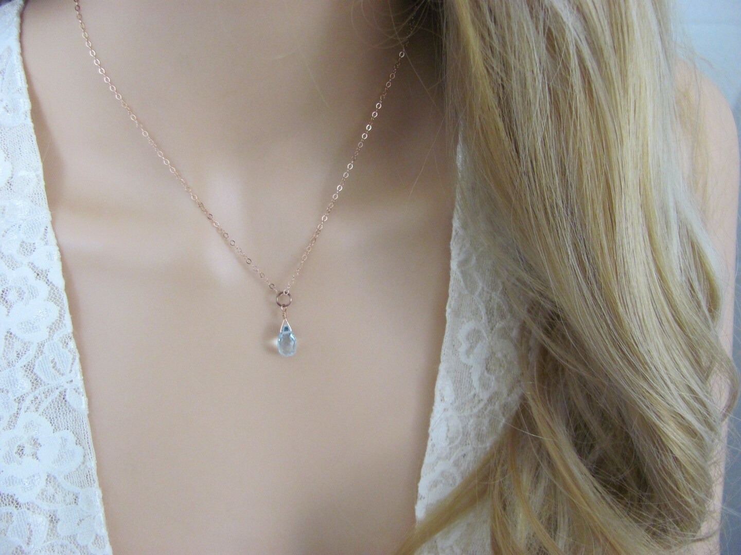 Rose Gold Aquamarine Backdrop Necklace - Minimalist Bridal Jewelry product 6