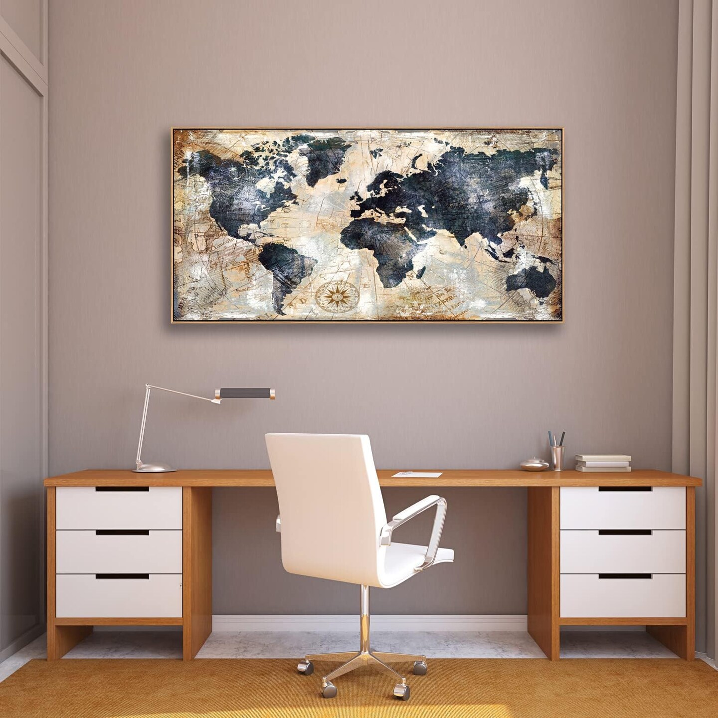 Framed Wall Art World Map Wall Art Print Picture Wall Art Decor Home Interior - Map Picture for Office Wall Decor Travel Memory Nautical Map Decor Canvas Artwork 24x48 inch Ready to Hang &#xFF08;Framed&#xFF09;