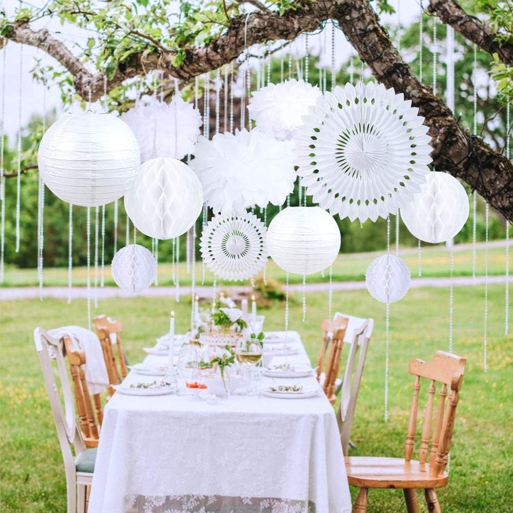 14 PCS White Honeycomb Decorations Paper Lanterns Party Decoration Kit Hanging Tissue Pom Poms Flowers White Paper Fans for Wedding Engagement Birthday Baby Bridal Shower Party Decoration Easy Joy