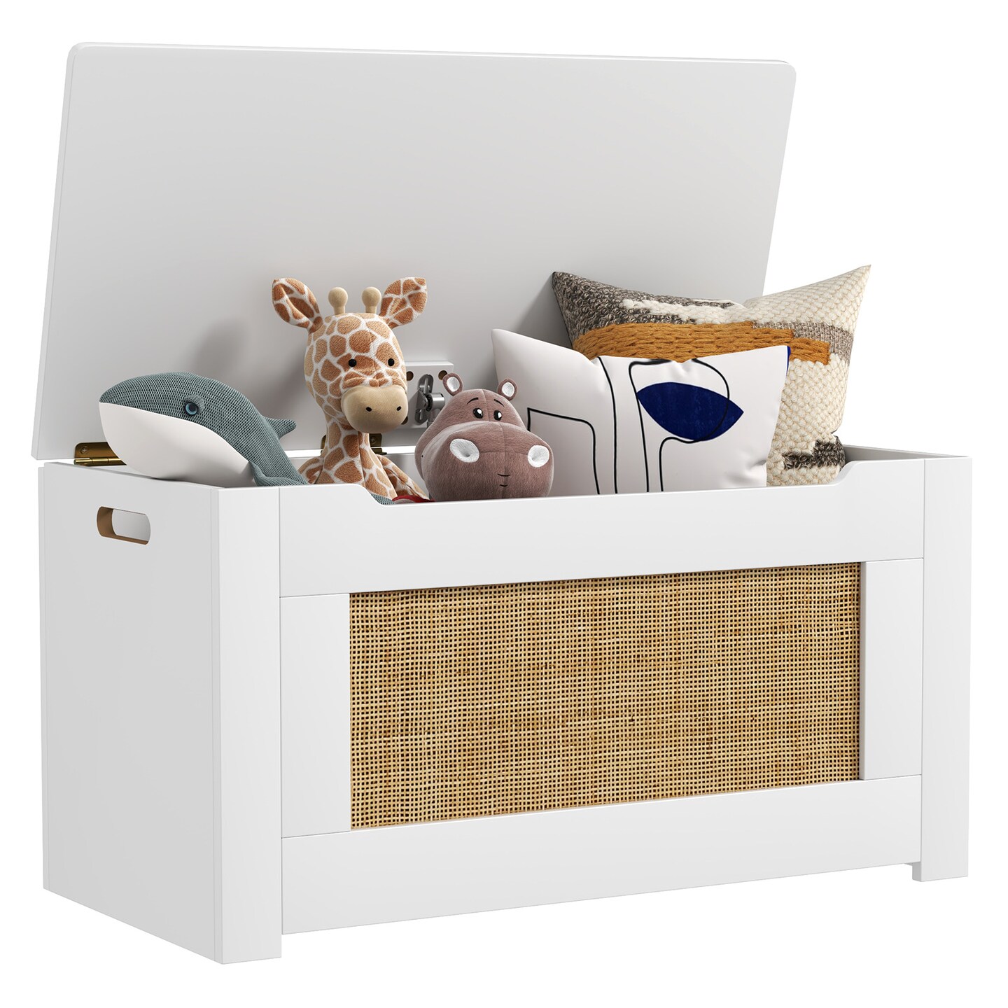 White-Natural MDF Rattan Toy Box with Flip Lid, Storage, and Bench Seat