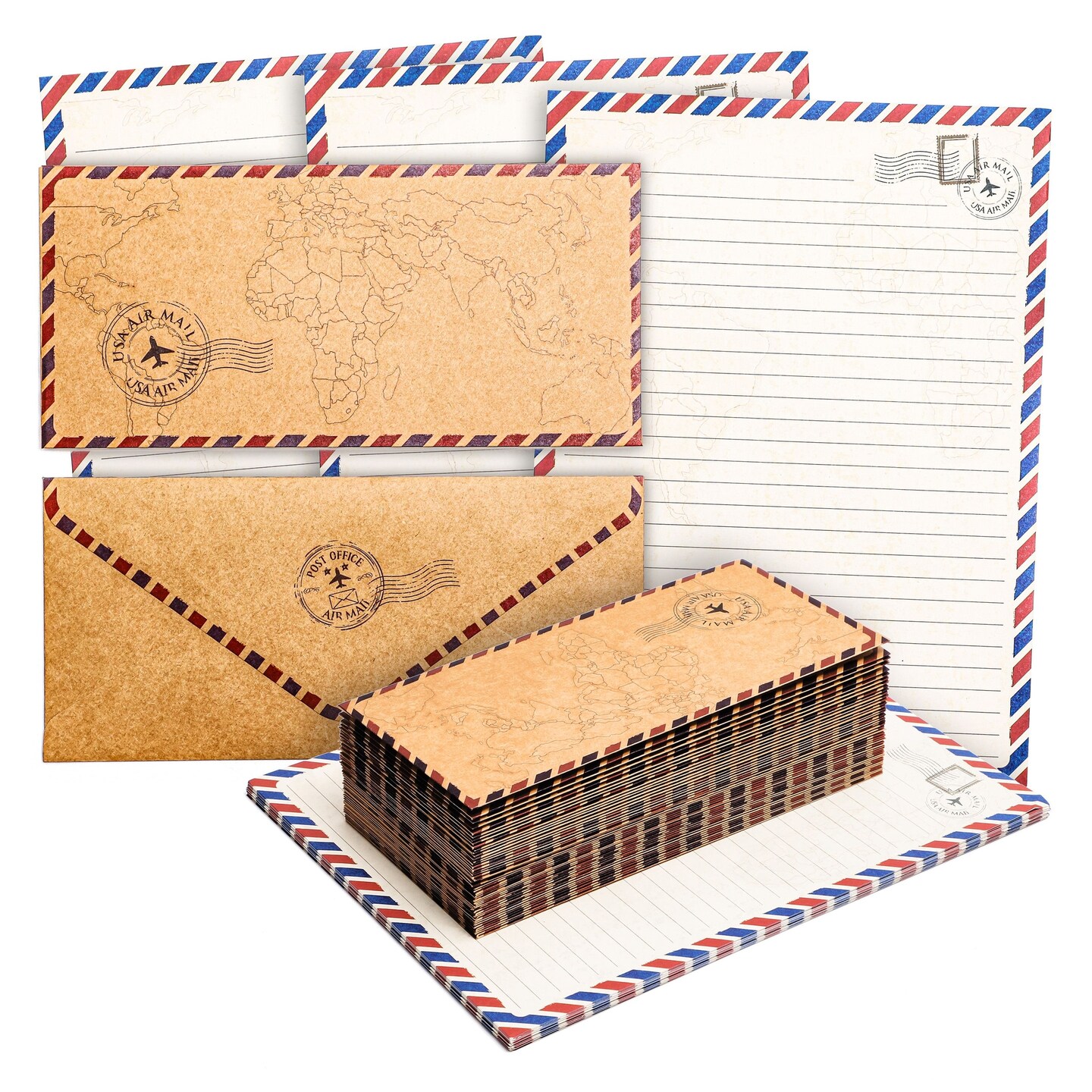 Pipilo Press 96 Pack Vintage-Style Airmail Stationery Set (48 Lined Paper Sheets with 48 Matching Envelopes) for Letter Writing, Travel Map Design