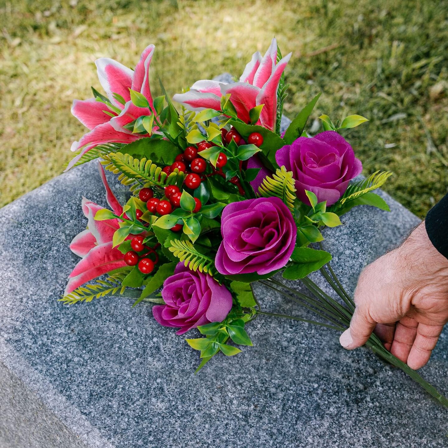 Set of 4 Artificial Cemetery Flowers – Pink & Purple Memorial Bouquets with Vases for Graveyard Decoration