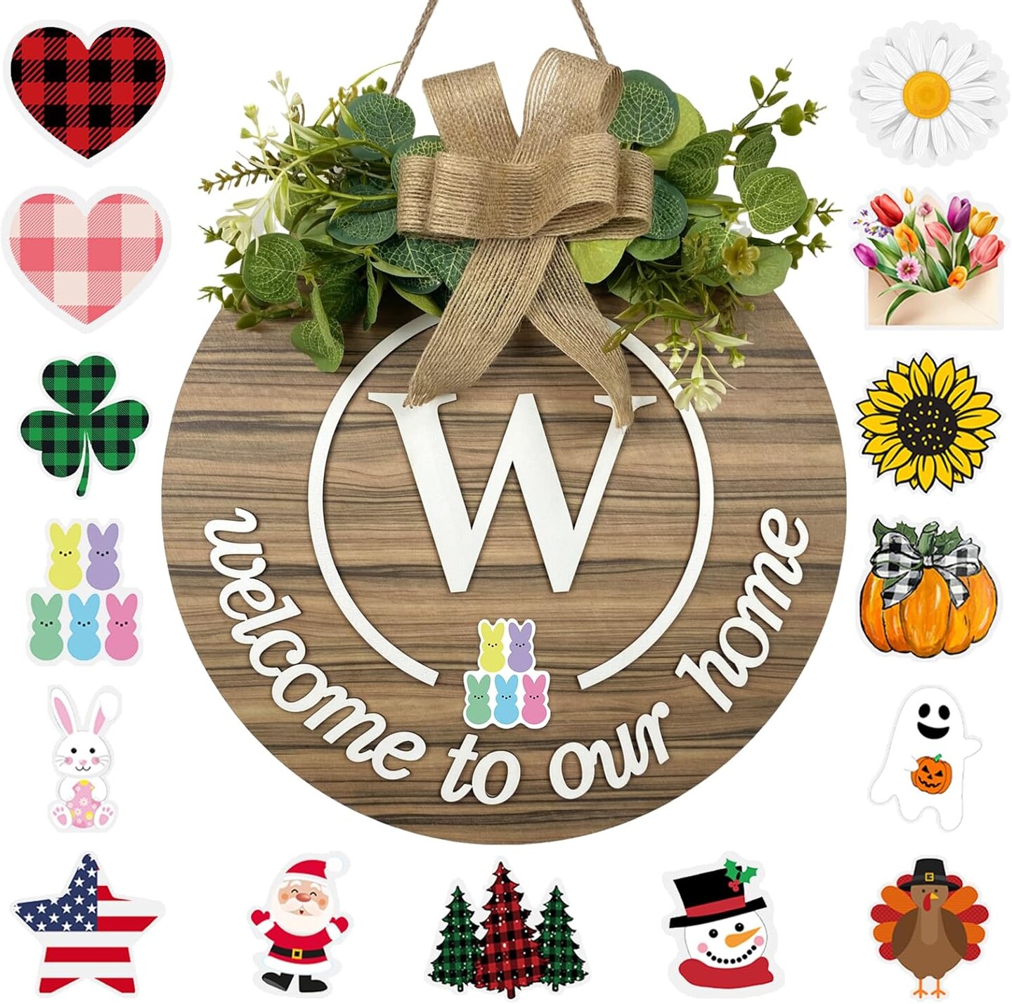 Summer Welcome Sign Front Door Decor Wooden Wreaths for Front Door Wreath Rustic Initial House Warming Porch Wall Home Decorations for All Seasons