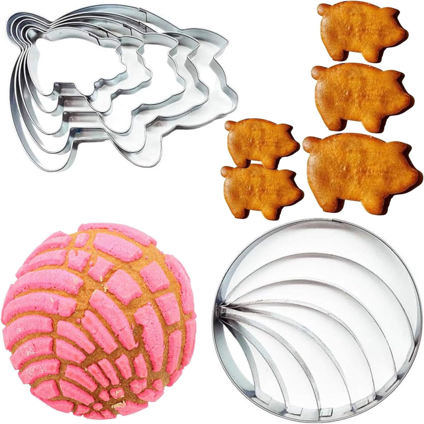 Concha Cutter Mexican Bread Mold 4.1in with 5 Sizes Pig Cookie Cutter Stainless Steel Concha Stamp Two Sided Mold for Baking Cookies, Cortador De Conchas De Pan Mexicano