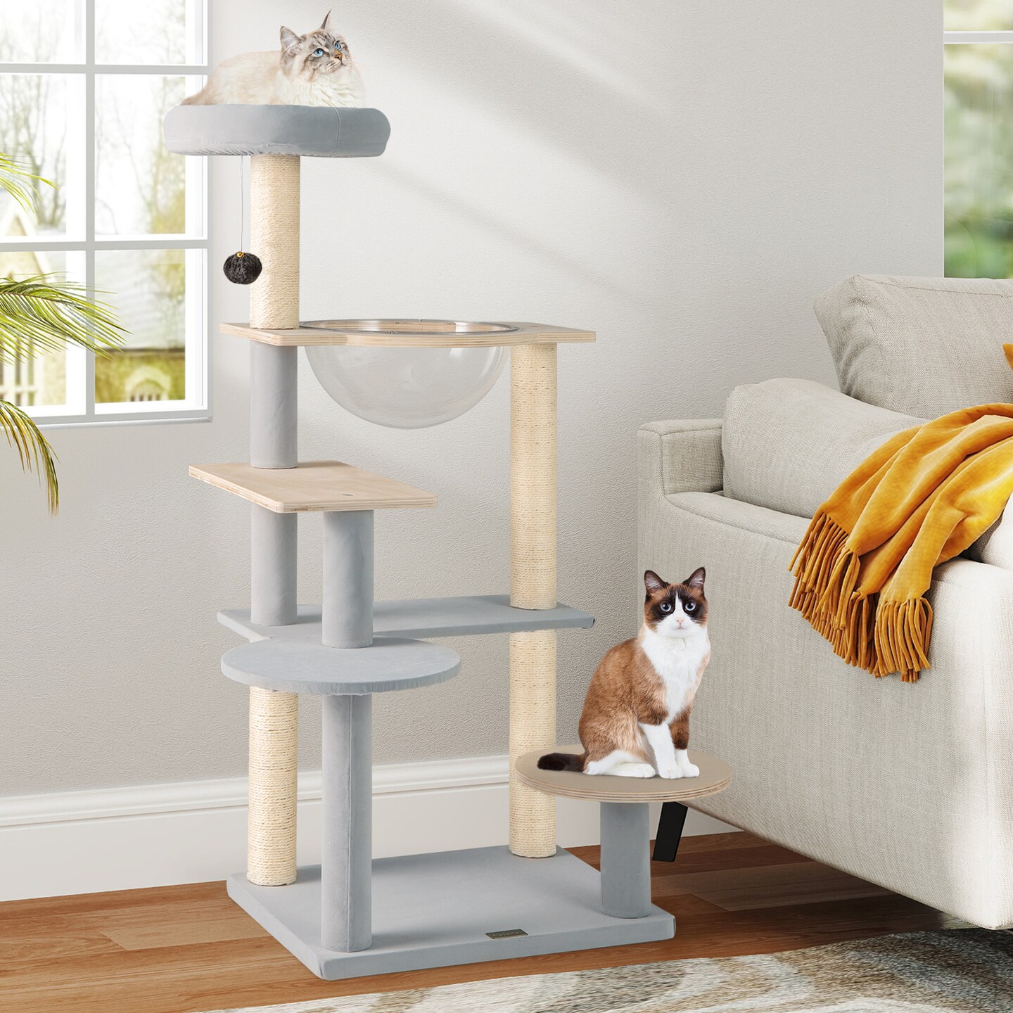 Natural Solid Plywood Cat Tree with Space Capsule and Sisal Scratching Posts