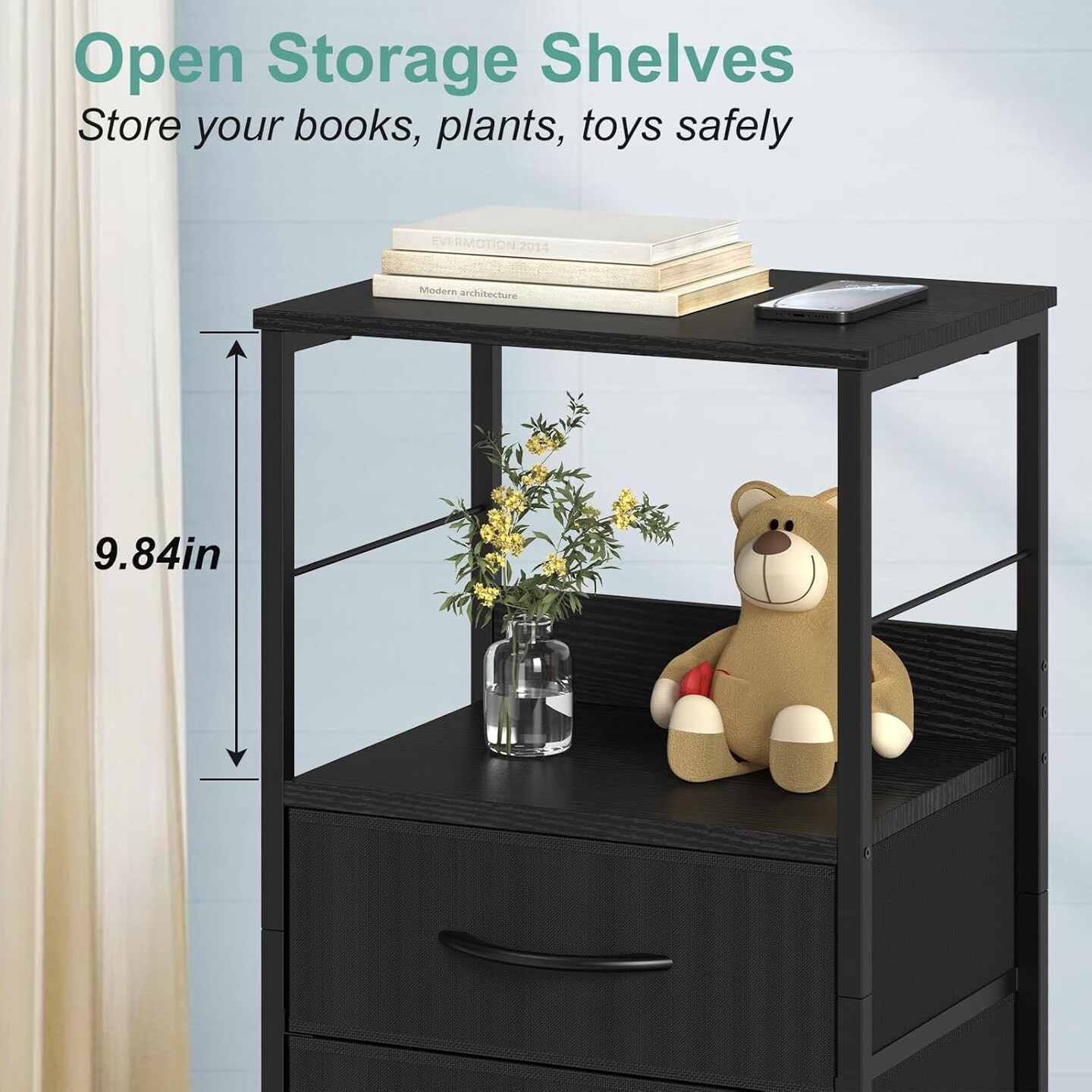 5-Drawer Tall Storage Tower with Fabric Drawers &#x2013; Sturdy Metal Frame &#x26; Waterproof Wooden Top, Space-Saving Dresser for Bedroom, Entryway, Nursery, Hallway (Black)
