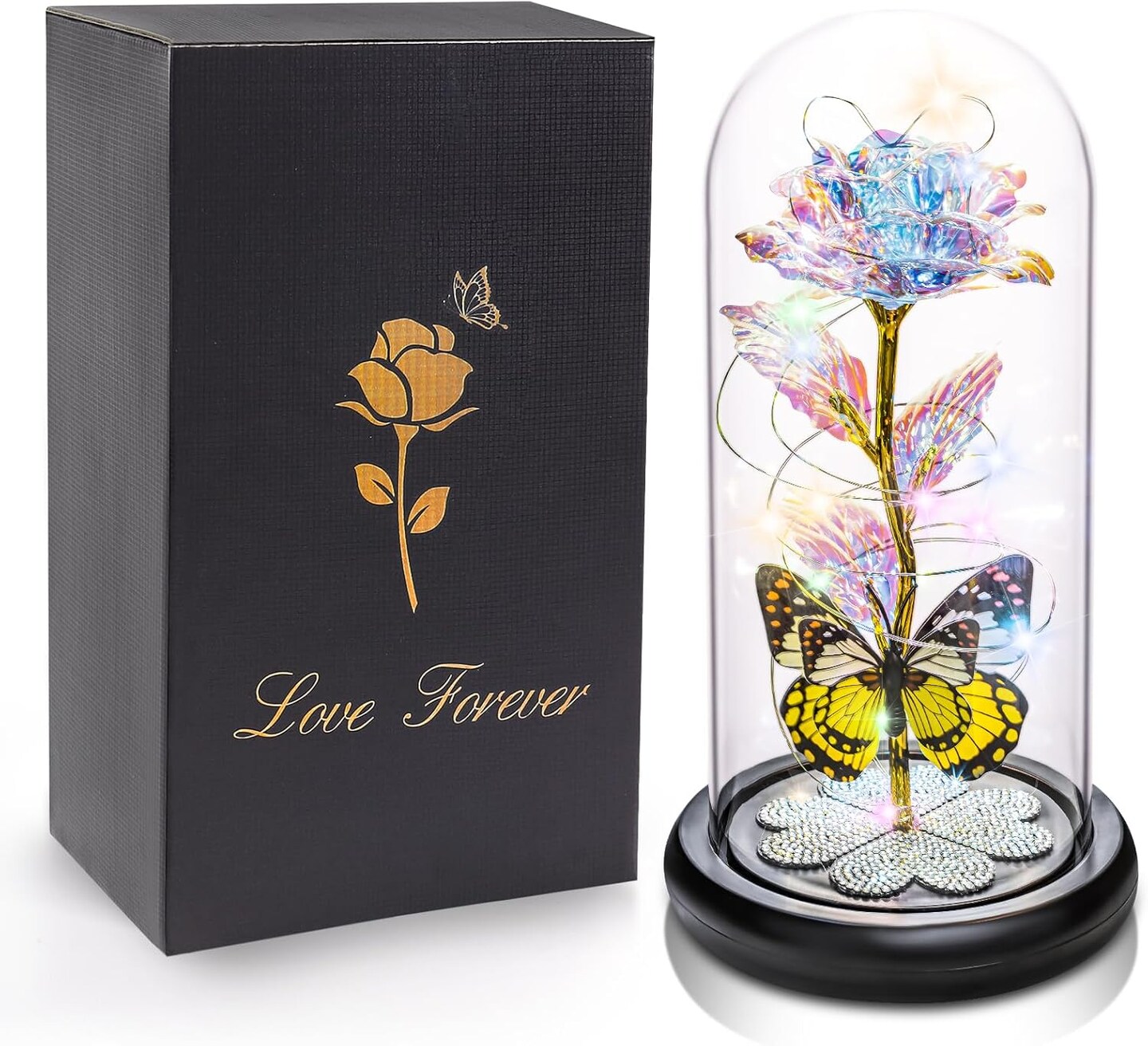 Galaxy Glass Rose in Dome – Eternal Crystal Rose with Butterfly, Valentine’s, Birthday & Mother’s Day Gift for Her