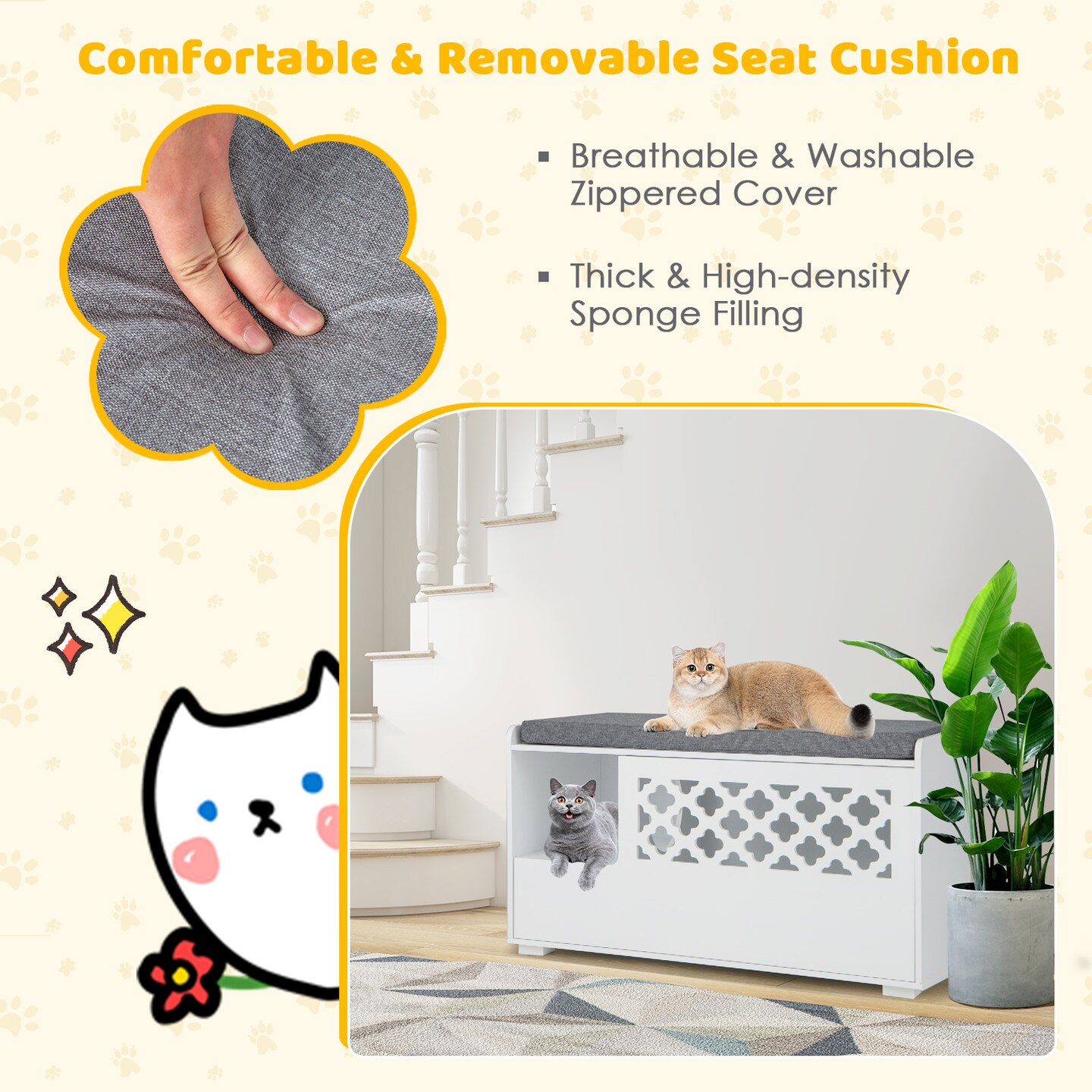 White 4-in-1 Cat Litter Box Enclosure with Removable Cushion and Front Flip Door