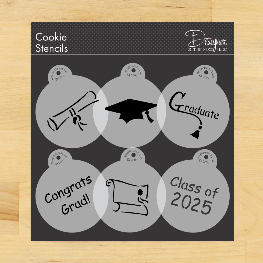 Graduate Cookie Stencils | C207-25 by Designer Stencils | Cookie Decorating Tools | Baking Stencils for Royal Icing, Airbrush, Dusting Powder | Reusable Plastic Food Grade Stencil for Cookies | Easy to Use & Clean Cookie Stencil