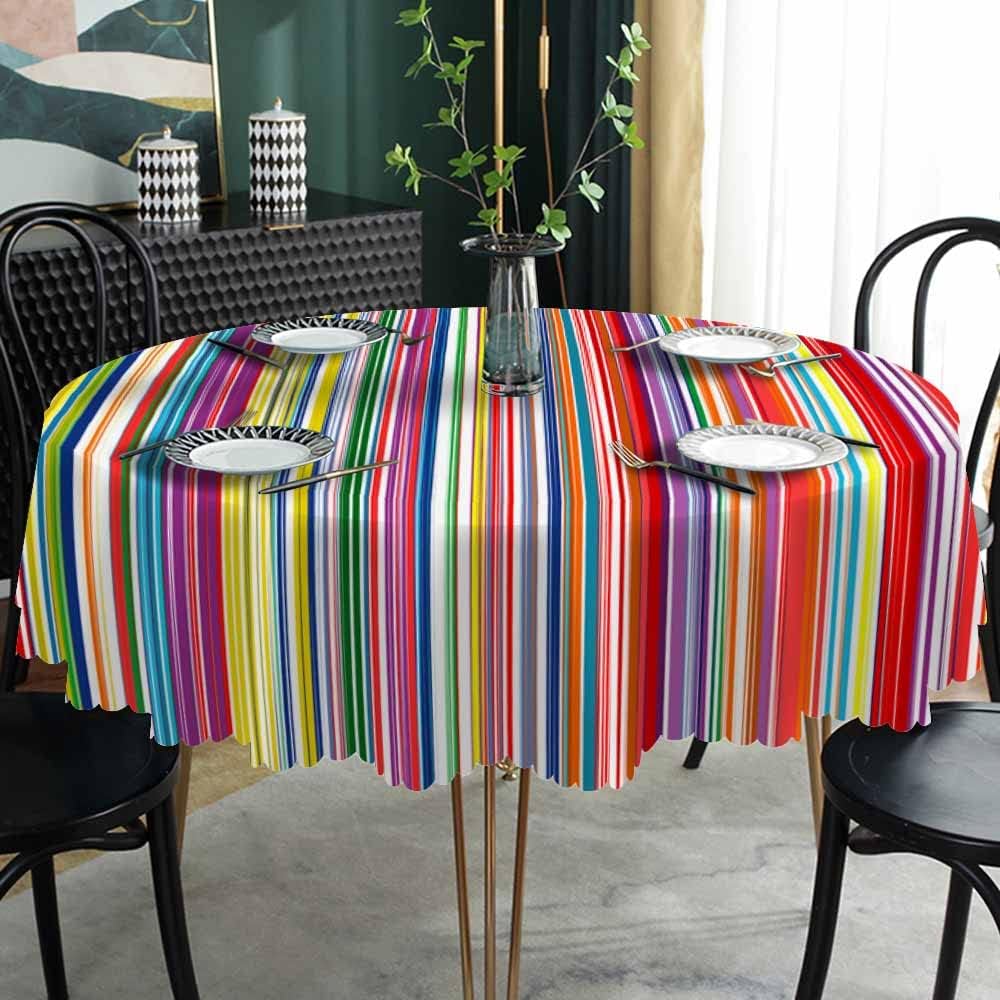Mexican Table Cloth Rainbow Colorful Stripes Bright Lines Art Round Tablecloth 60 Inch for Dining Room, Party, Banquet