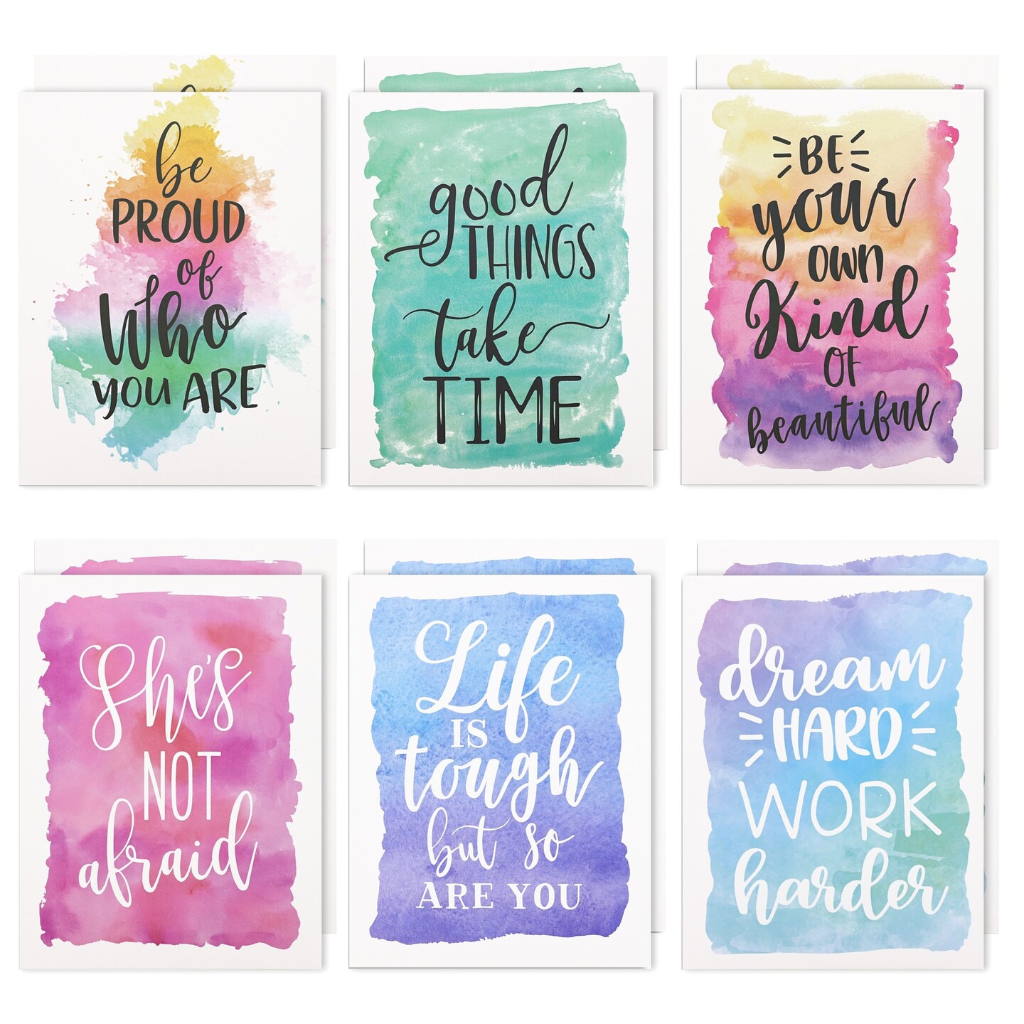 12 Pack Inspirational 2 Pocket Folders, Letter Size, 6 Decorative Motivational Designs for School, Home, Office, Women Girls (9x12 inch) - Watercolor