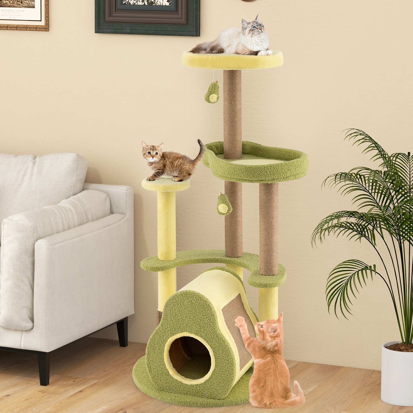 Green Engineered Wood Cat Tree with Avocado Platform, Scratching Posts and Toy