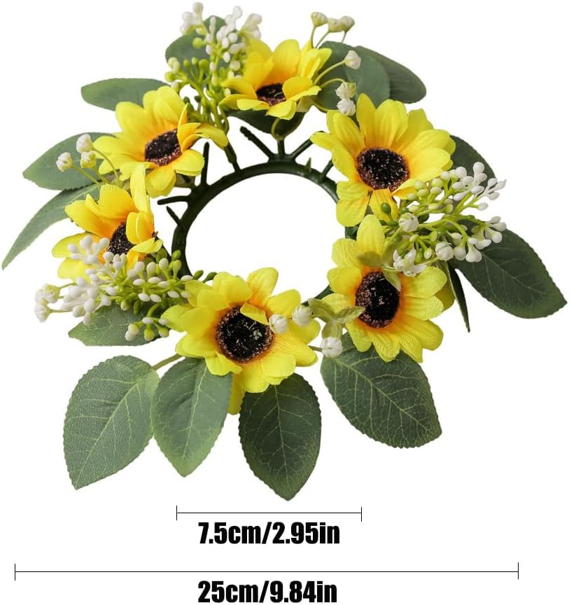 Summer Candle Ring Sunflower Mini Wreath Artificial Flowers Wedding Centerpieces 10&#x22; for Home Garland Tabletop Farmhouse Rustic Country Party Decor