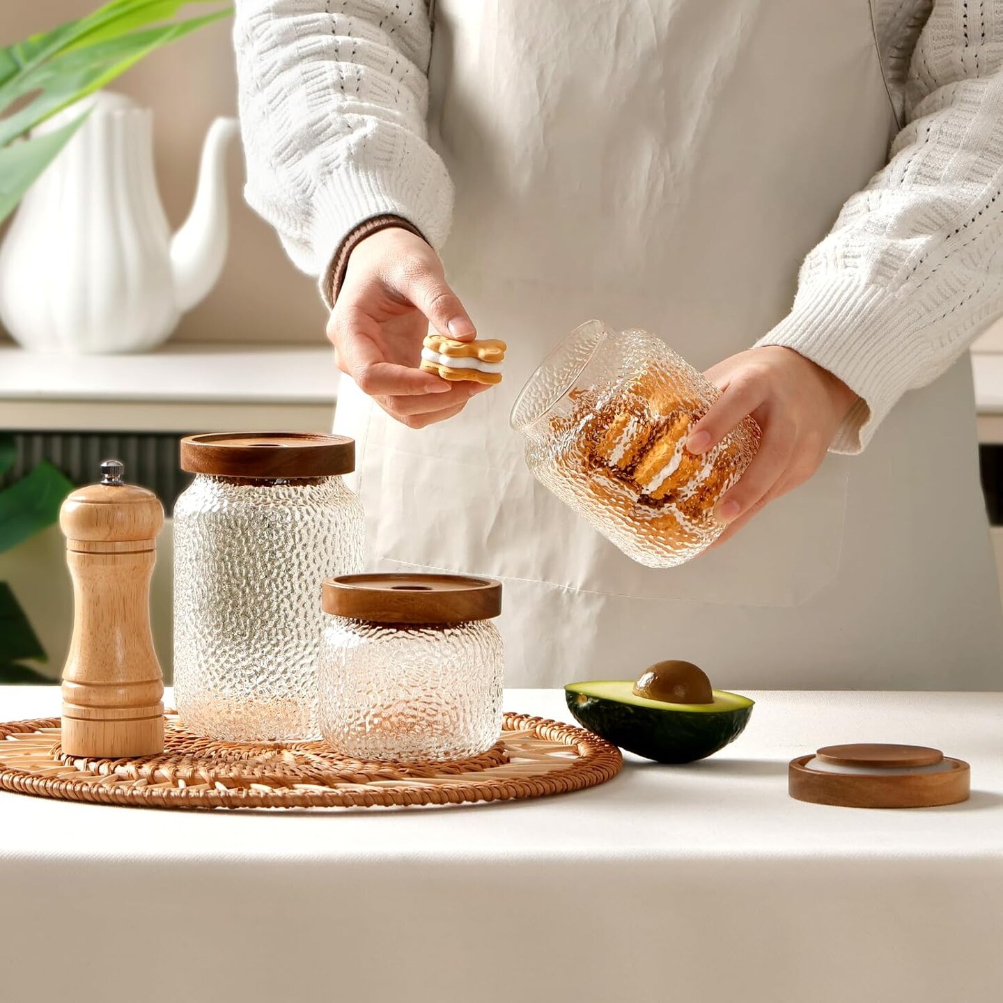 Glass Jars with Lids, Set of 3 Storage Jars with Airtight Lids Acacia Wood Top Glass Canisters - 12oz, 17oz, 25oz