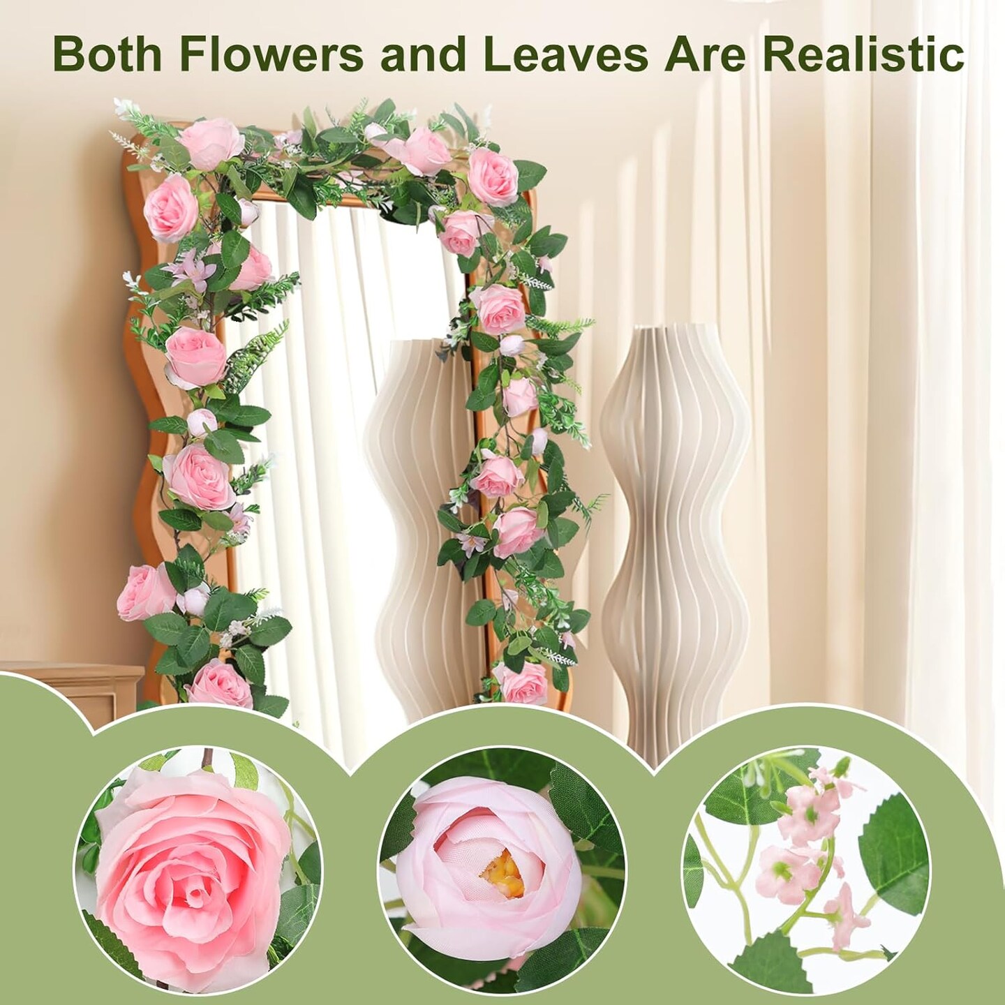 Full Pink Flower Garland, 6.2FT Artificial Rose Floral Vine Pretty Spring Pink Flower Garland for Wedding Arch Decor Home Backdrop Wall Table Centerpiece Valentines Decoration