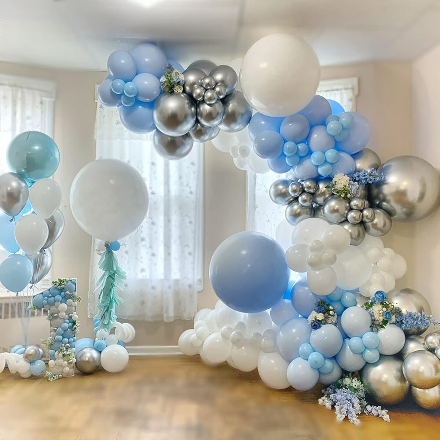 Baby Blue Balloon Garland Kit - 114pcs Macaron Blue Silver Balloon Arch with Matte Light Blue, Sky Blue and White Balloon, for Boy Birthday Wedding Elephant Baby Shower Party Decorations
