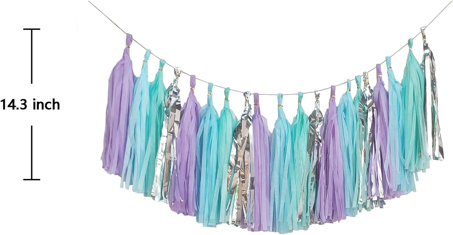 Shiny Tassel Garland Tissue Paper Tassel Banner,Table Decor,DIY Kits for Mermaid Party, Tassels Party Decoration,Pack of 20(Lavender,Light Blue,Mint,Silver)