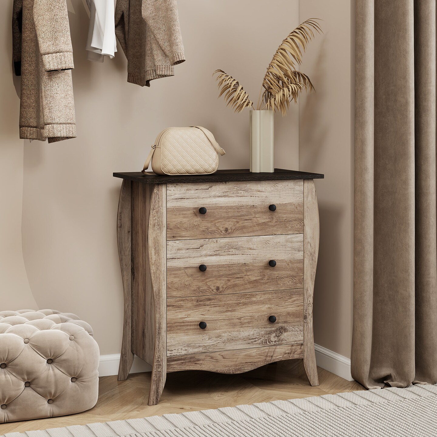 Brown Wooden Dresser with 3 Folding Fabric Drawers Perfect Fit to Any Small Space