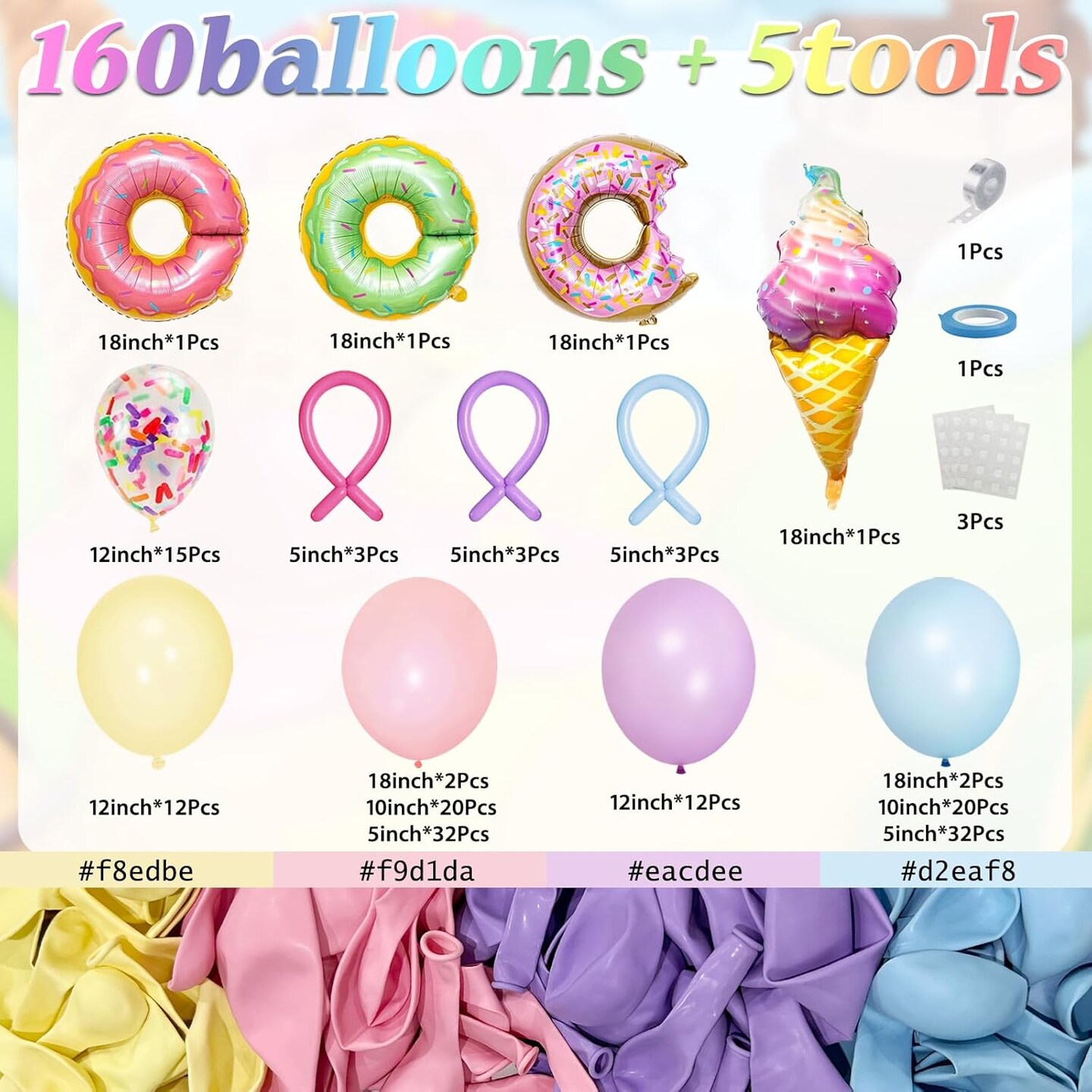 163PCS Pastel Donut Balloon Arch Garland Kit, with Pastel Rainbow Balloon, Sprinkle Confetti and Ice Cream Foil Balloons for Sweet One Donut Grow Up First Birthday Party Theme Baby Shower Decor