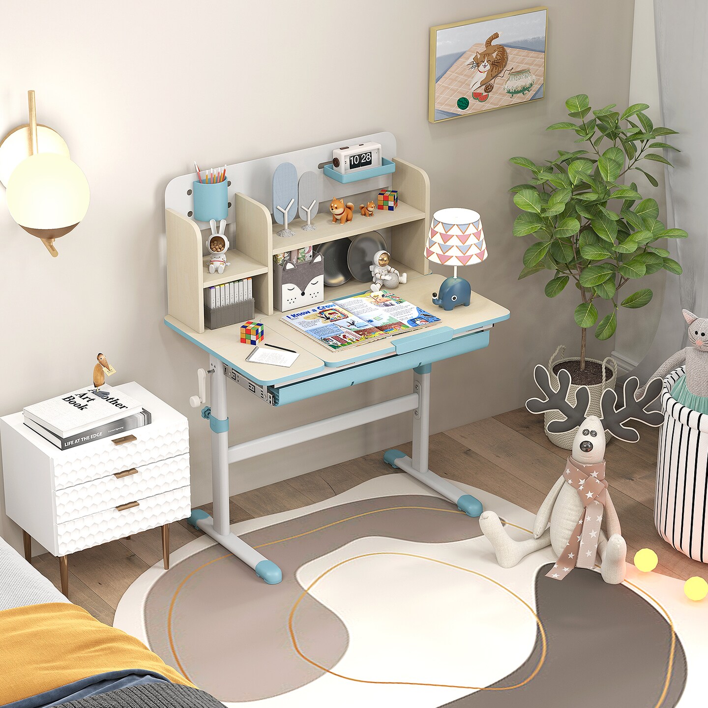 Blue Kids Height Adjustable Study Desk with Multilayer Open Shelves and Tiltable Desktop