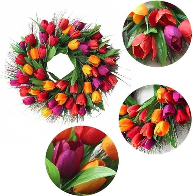 Tulip Wreath for Front Door, 18 Inch Spring Red Tulip Flower Wreath with Green Leaves Wreaths for All Seasons Window Wall Wedding Holiday Party Farmhouse Decorations Indoor Outdoor