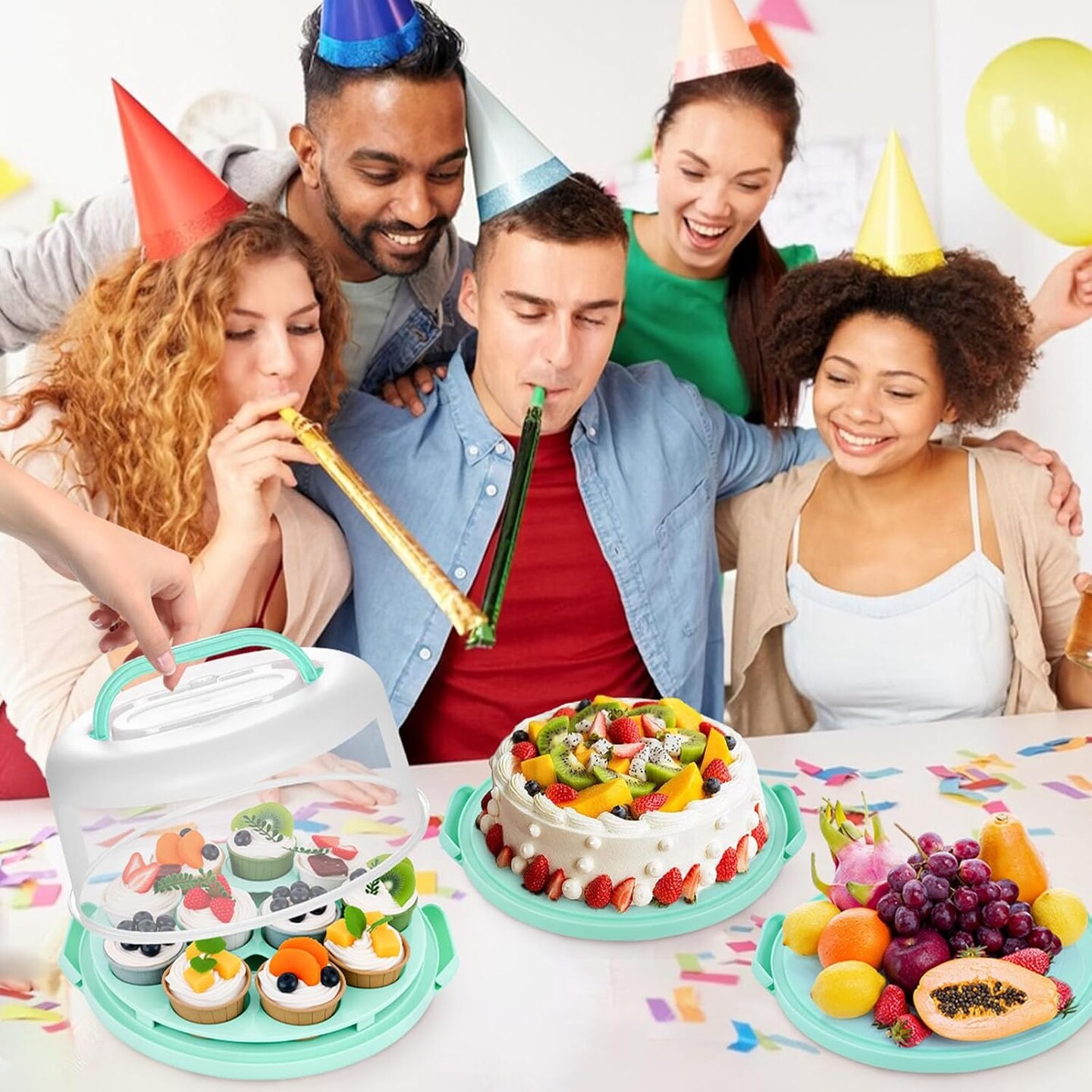 Cake Carrier with Handle, Cupcake Holder Deviled Egg Containers with Lid, 3-in-1 Multi-Purpose Food Storage for Dessert Baking Party Camping