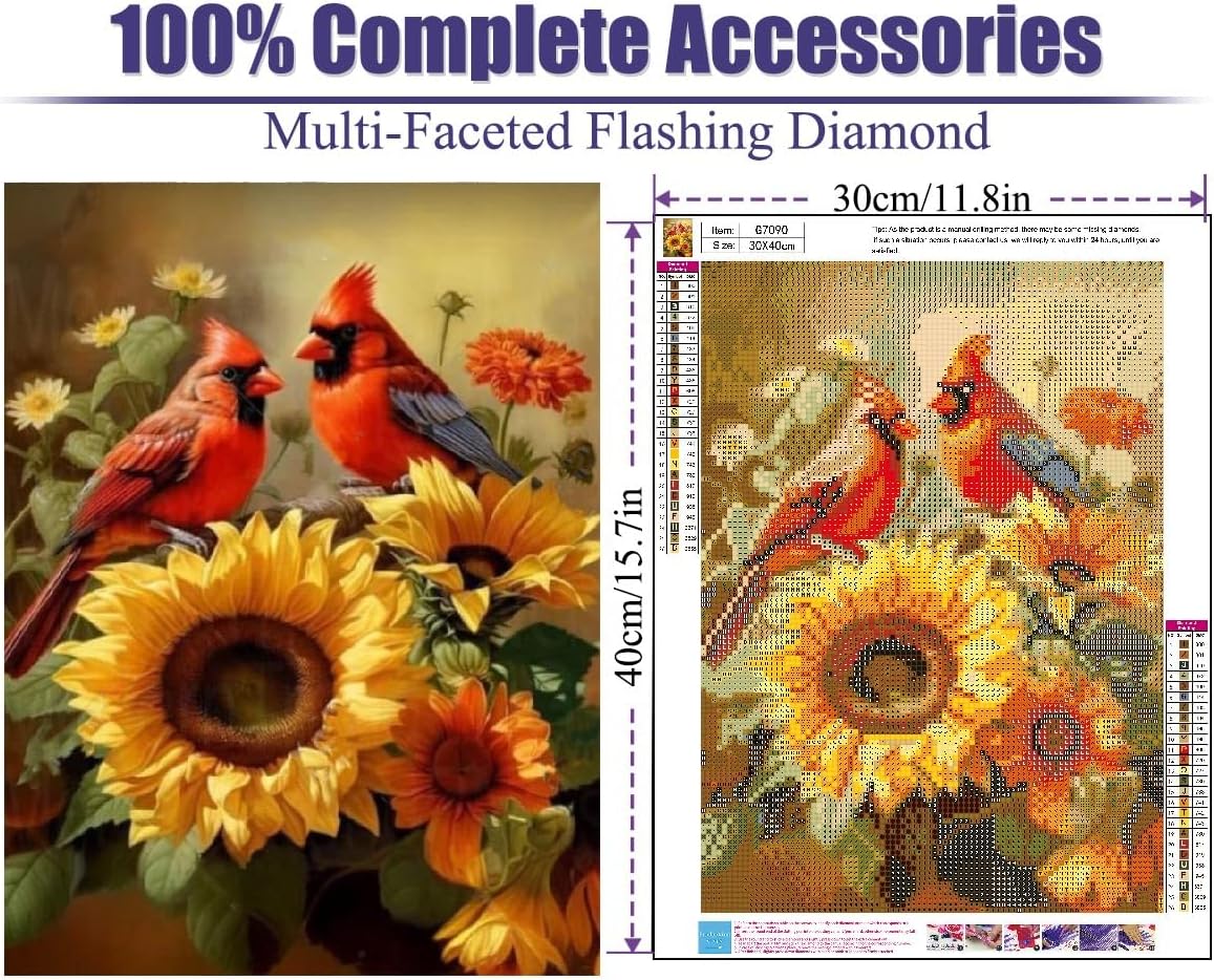 Diamond Painting for Adults Kits, 5D Cardinal Diamond Art Kits for Beginners, DIY Full Drill Sunflowers Diamond Gem Art Kits for Home Wall Decor 12x16 Inch