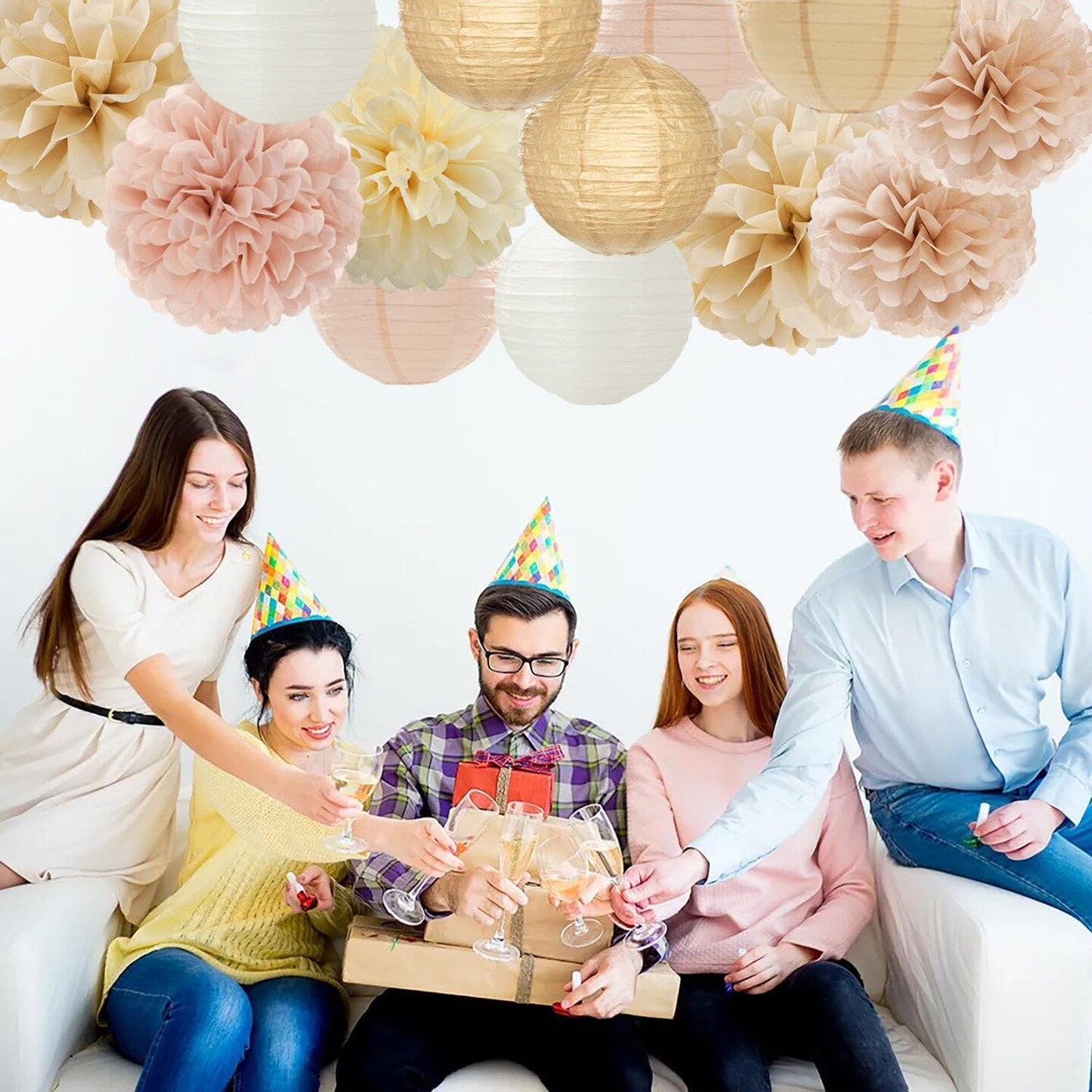 Champagne-Gold White Party-Decorations Paper-Flowers Lanterns - 15PCS Boho Fall Rustic Tissue Pom Poms Streamers,Wedding Baby Bridal Shower Neutral Autumn Birthday Hanging Supplies Decor Hugfond