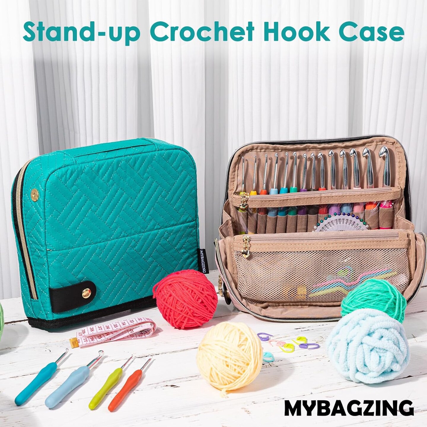 Crochet Hook Case with 14 Size Crochet Hooks Set 2mm(B)-10mm(N) Ergonomic Crochet Hooks with Crochet Case Stand Up - Crochet Hook Organize for Crochet Lovers, Crochet Kit for Beginners