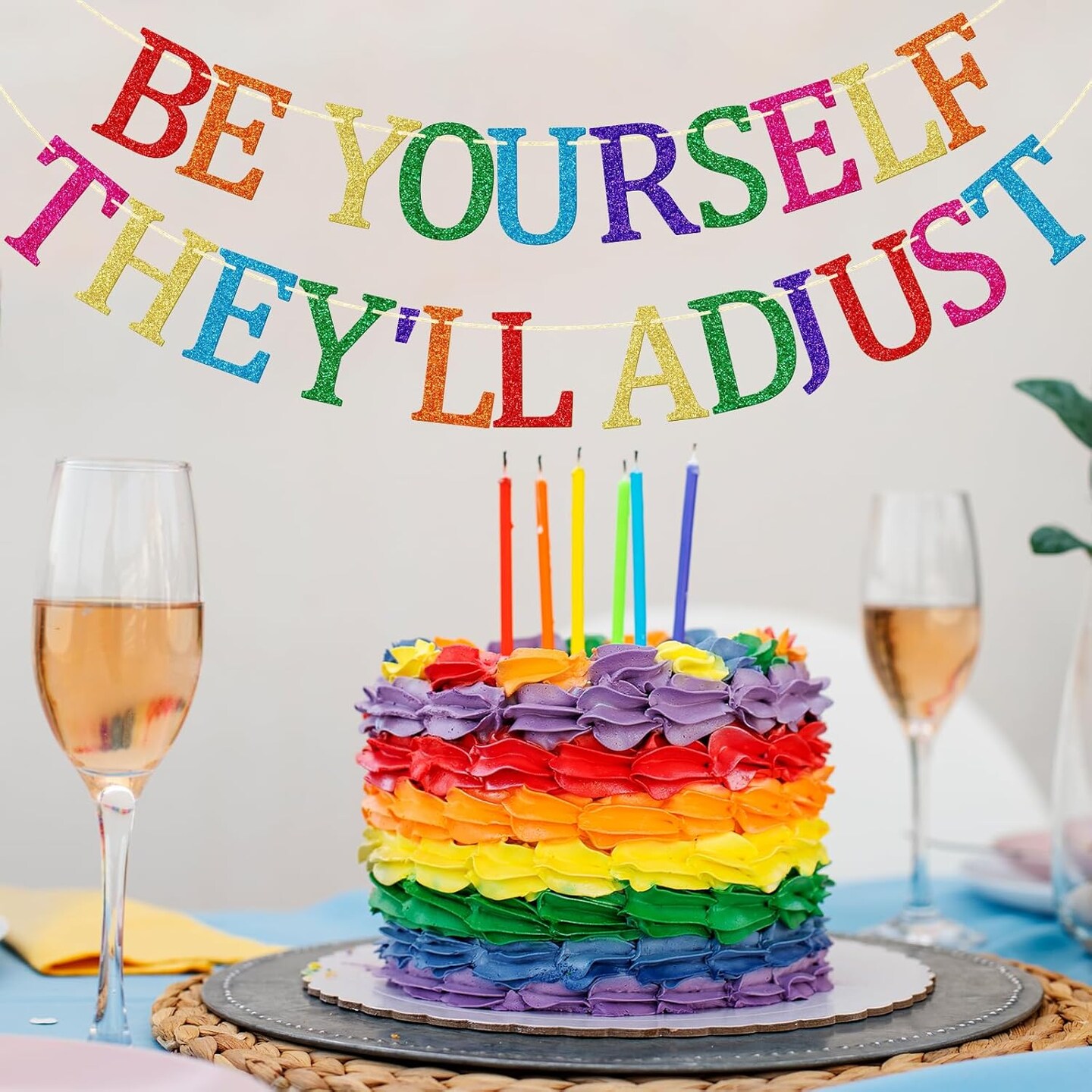 Pride Banner, Be Yourself They&#x27;ll Adjust, Rainbow Pride Month Decoration, Glitter Rainbow Banner, LGBTQ+ Party Decor, Gay Pride Decor