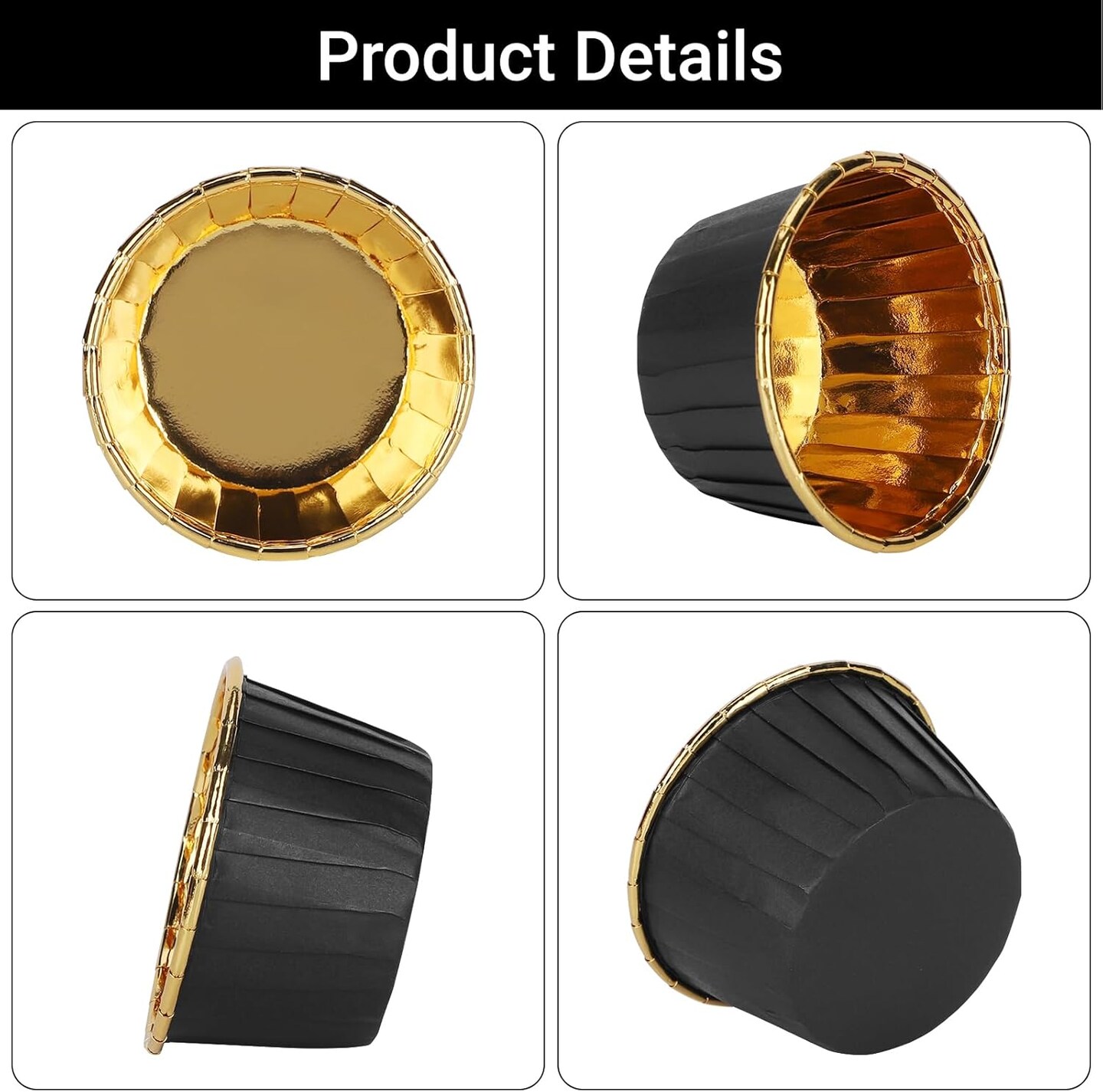 50 Black & Gold Disposable Ramekins with Lids – 3.5oz Mini Foil Cupcake & Dessert Baking Cups
