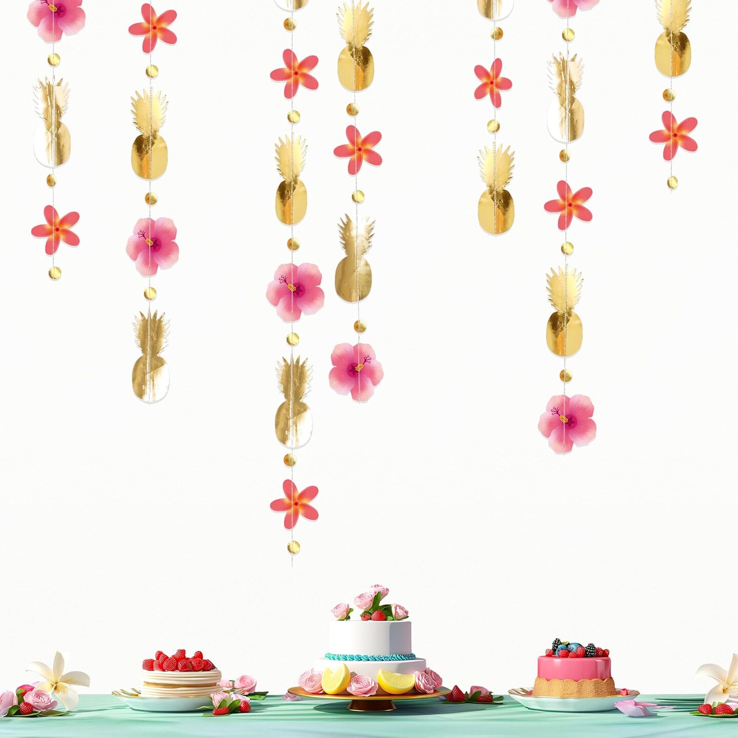 Tropical Luau Party Decorations Hawaiian Garland Tropical Flower Garlands Hanging Decor Banner Gold Pink Garland Pineapple Hanging Aloha Summer Party Favors Backdrop