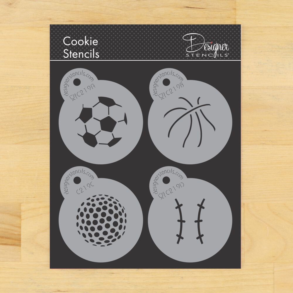 Small Sports Ball Cookie Stencils: Basketball, Golf, Soccer, Baseball | C219 by Designer Stencils | Cookie Decorating Tools | Baking Stencils for Royal Icing, Airbrush, Dusting Powder | Reusable Food Grade Stencil for Cookies | Easy to Use &#x26; Clean