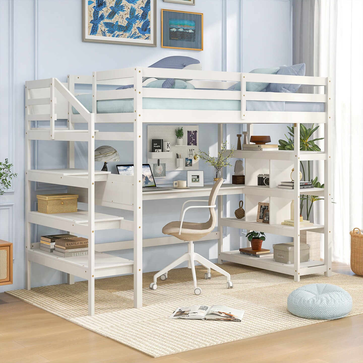 White Twin Size Loft Bed with Desk, Storage Stairs, Shelves and Safety Guardrails