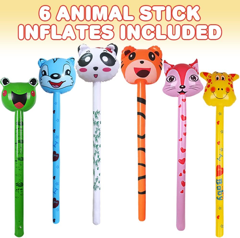Inflatable Animal Sticks – Set of 6 Assorted Animal Designs, Perfect for Kids’ Zoo-Themed Parties, Wild One Birthdays, and Colorful Pool Toys