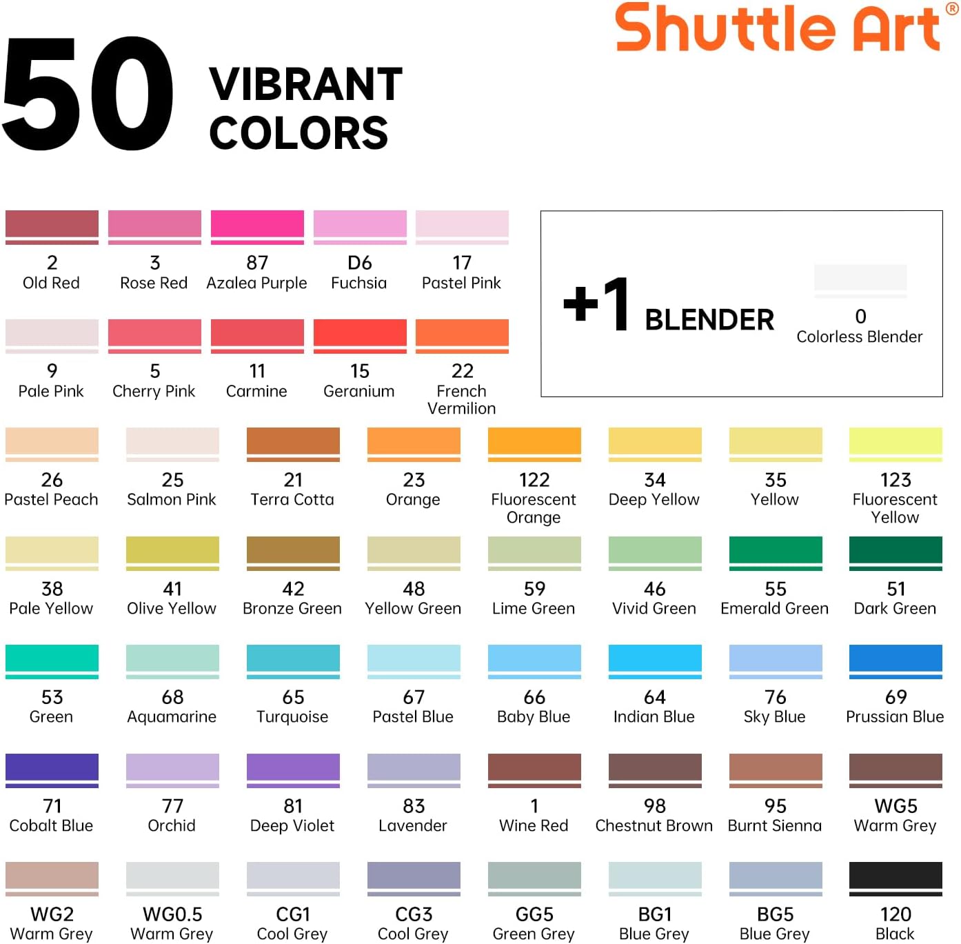 Art 51 Colors Dual Tip Alcohol Based Art Markers, 50 Colors plus 1 Blender Permanent Marker Pens Highlighters with Case Perfect for Illustration Adult Coloring Sketching and Card Making