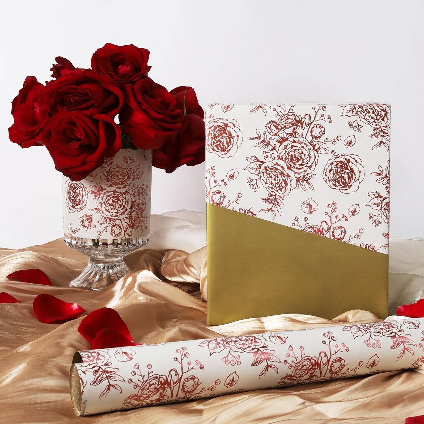 Reversible Floral Wrapping Paper Roll – 17” x 33 ft, Rose Gold Foil Design for Women, Girls, Weddings, Mother’s Day, Bridal Showers & Birthdays