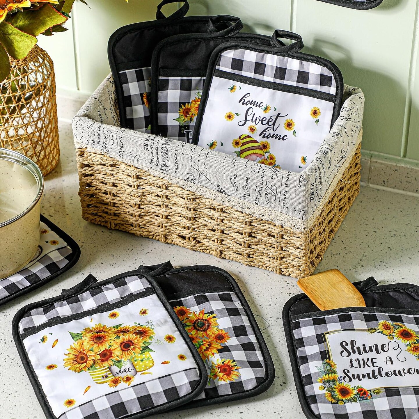 12 Pcs Sunflower Pot Holders with Pocket Teacher Appreciation Gift Bulk Summer Pot Holders Buffalo Plaid Hot Pads and Oven Mitts Gnomes Farmhouse Oven Gloves for Kitchen Baking Cooking Home